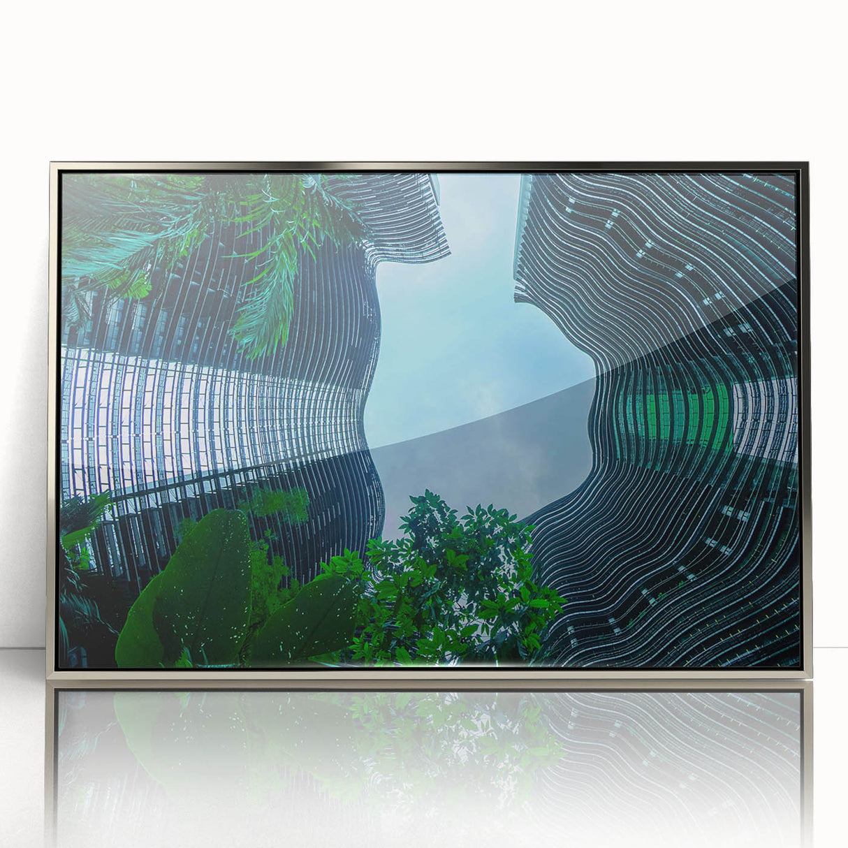 Mid-century modernist art depicting the Singapore skyline in muted silver and gray tones on a framed acrylic print.