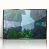 Mid-century modernist art depicting the Singapore skyline in muted silver and gray tones on a framed acrylic print.
