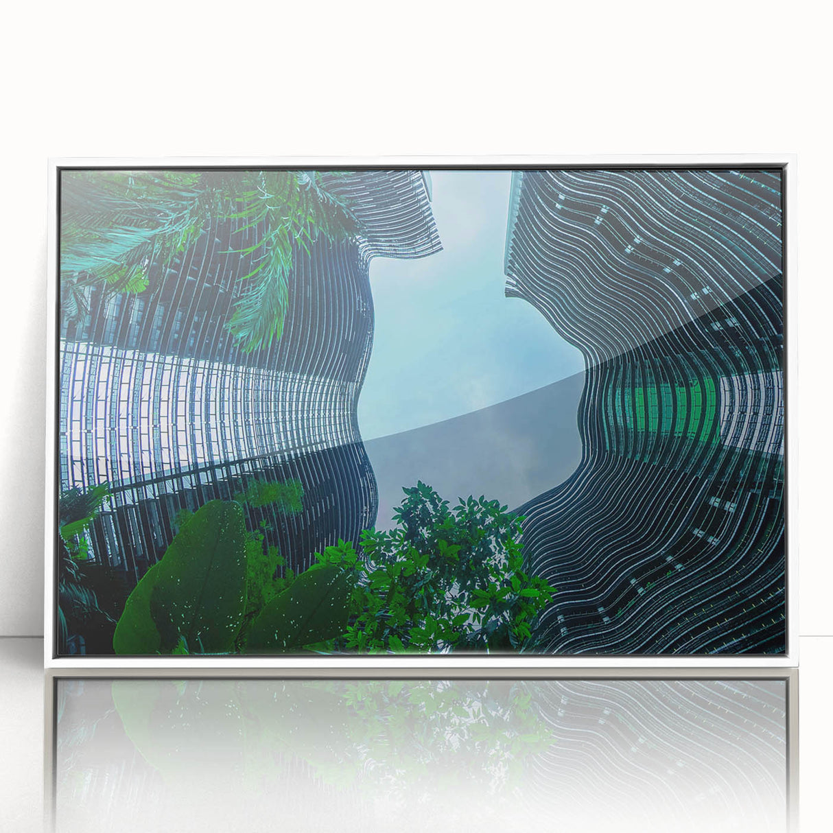 Acrylic print of Singapore skyline in art deco style with pastel shades, framed in white, suitable for modern nursery decor.