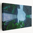 Side view of a stretched canvas featuring a vibrant, detailed Singapore skyline, ideal for kitchen wall art.