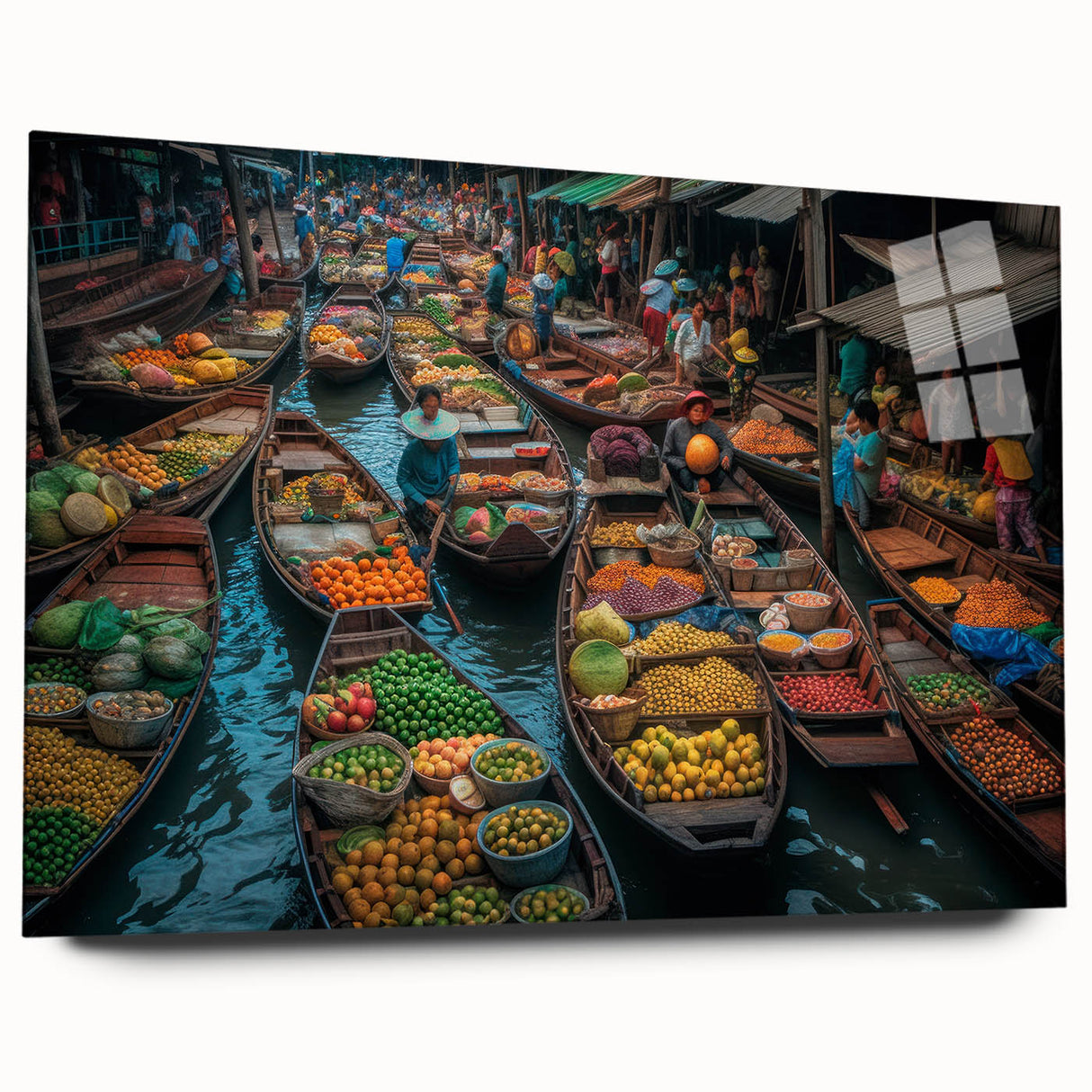 Large abstract wall art depicting a serene Bangkok scenery in muted blue and gray tones.