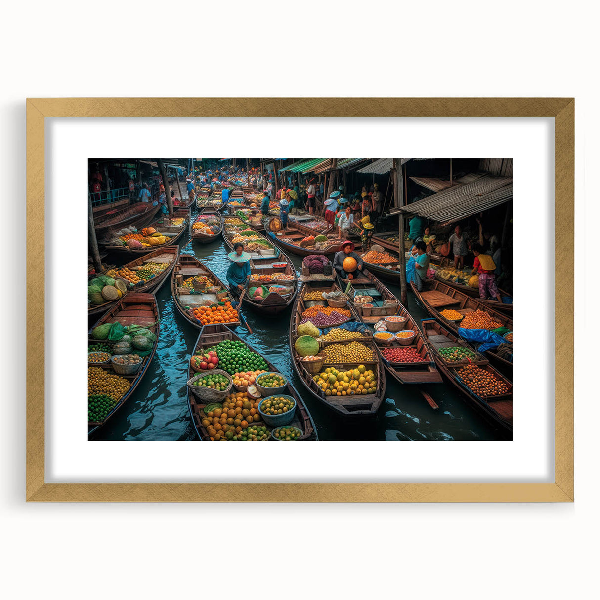 Extra large abstract art print of Bangkok scenery in textured gold frame, featuring muted earth tones.