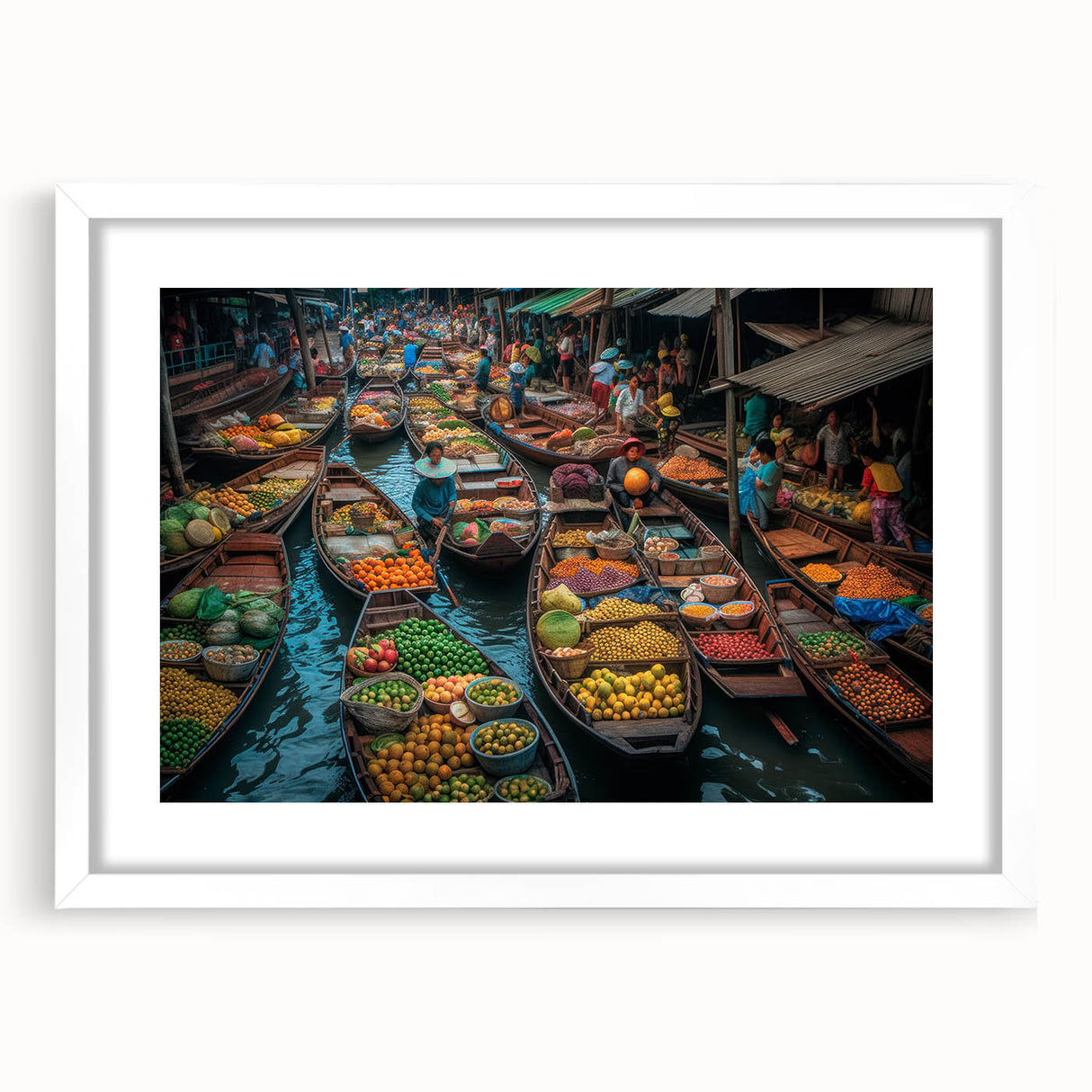 Abstract art print of Bangkok skyline in muted gray and blue tones on a framed white canvas, suitable for dining room decor.