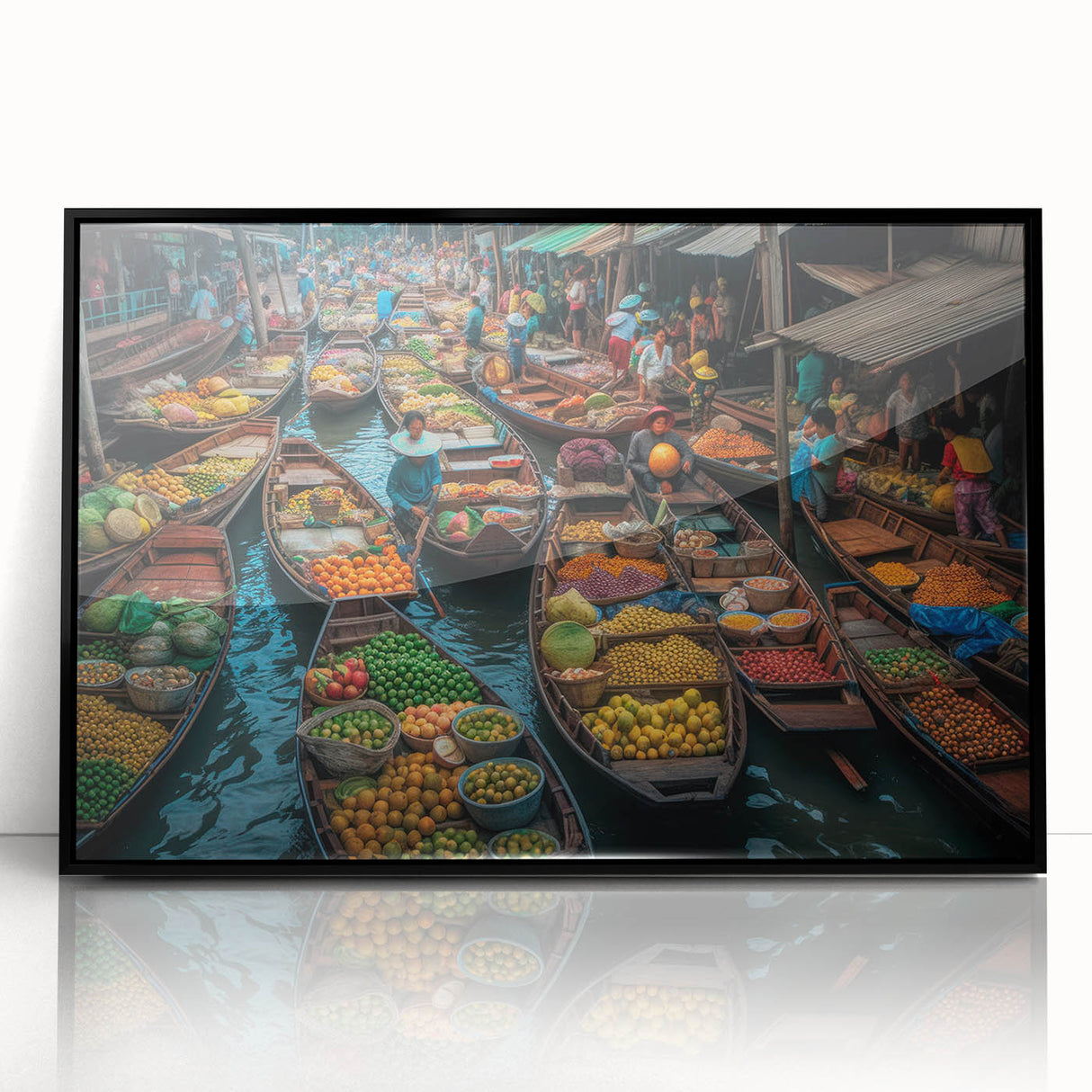 Large abstract wall art of Bangkok scenery in black acrylic frame, featuring mid-century modernist style.