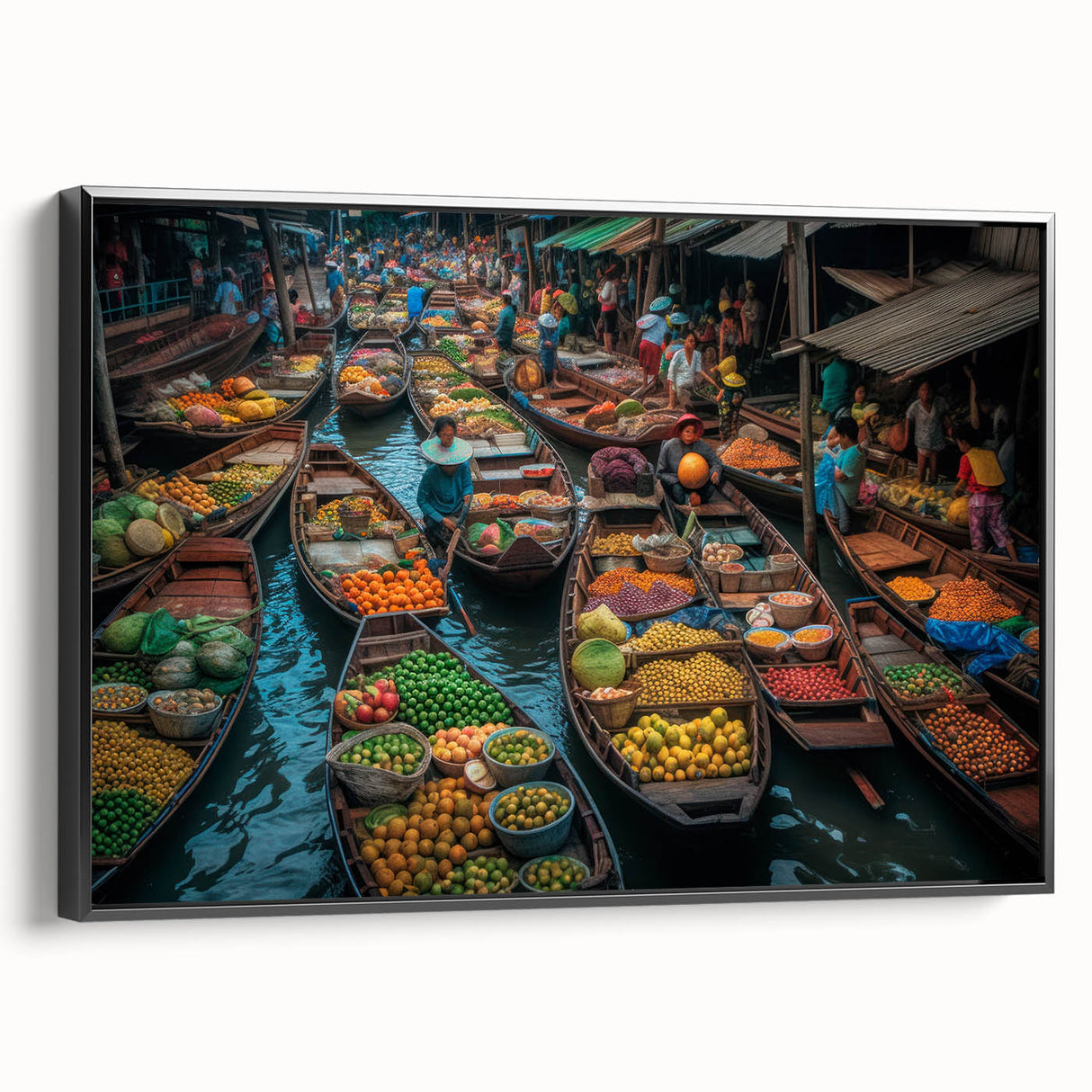 Black and white framed canvas featuring a vintage landscape of Bangkok, ideal for bedroom wall decor.