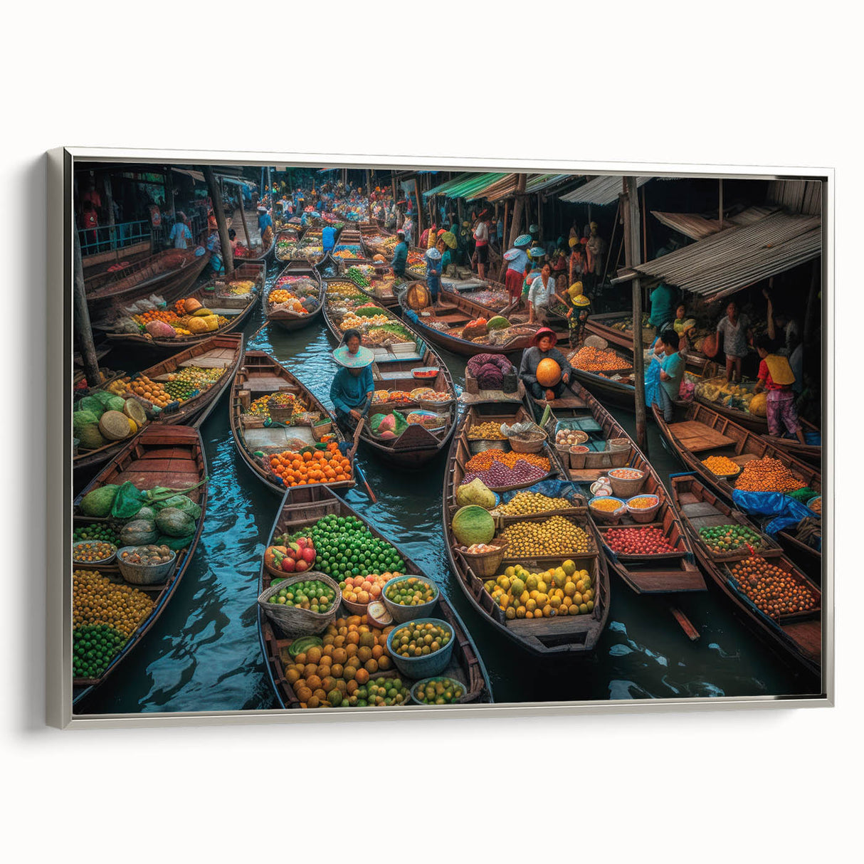 Framed canvas landscape art painting of Bangkok featuring colorful vintage poster art style, ideal for living room decor.