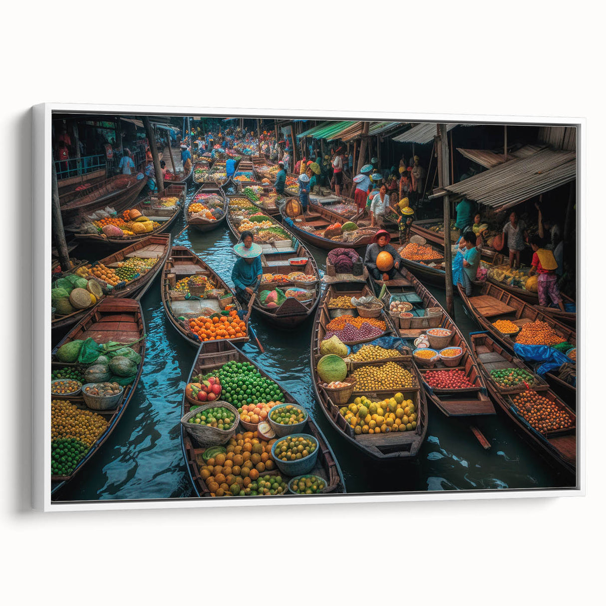 Vintage poster art of Bangkok scenery on extra large framed canvas, featuring colorful art with black accents.