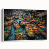 Vintage poster art of Bangkok scenery on extra large framed canvas, featuring colorful art with black accents.