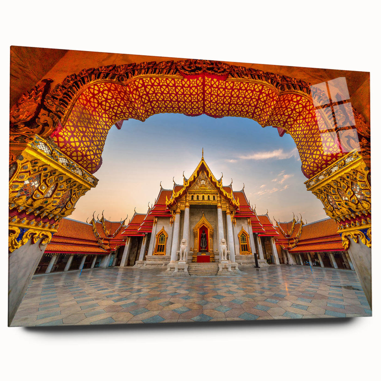 Large abstract wall art depicting a serene Thai landscape in muted green and blue tones, acrylic print.