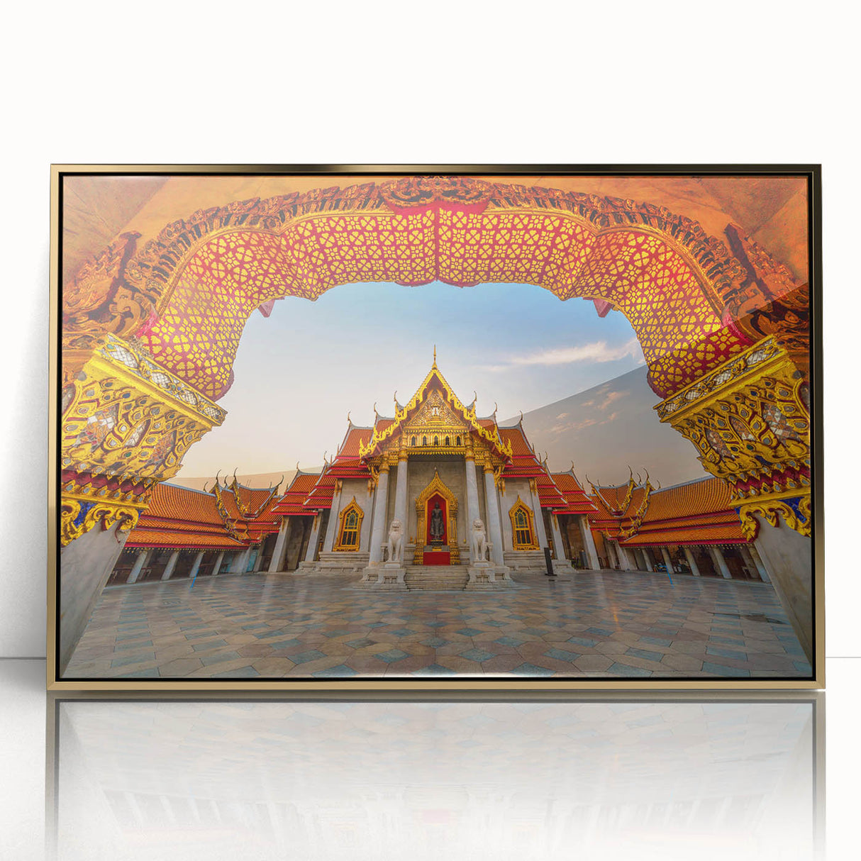 Large acrylic print of a serene Thai landscape in muted green and blue tones, framed in gold.