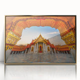 Large acrylic print of a serene Thai landscape in muted green and blue tones, framed in gold.
