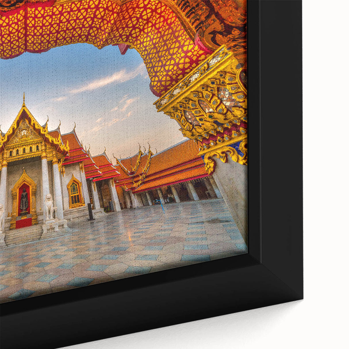 Extra large framed canvas of a textured, colorful Thai landscape on black background, ideal for living room decor.