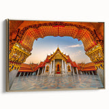 Framed canvas depicting a serene Thai landscape in muted gold and black tones, suitable for bedroom wall art.