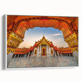 Vintage poster art of a Thai landscape on extra large framed canvas, featuring colorful elements against a black background.