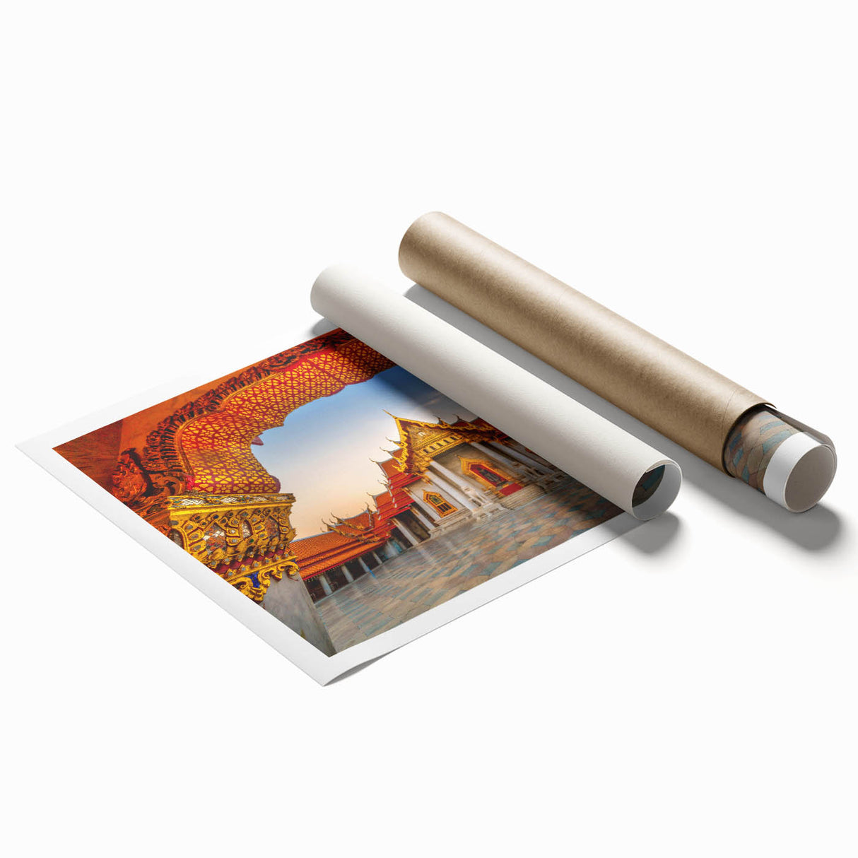 Extra large rolled print of a serene Thai landscape with lush florals in soft green and pink tones.
