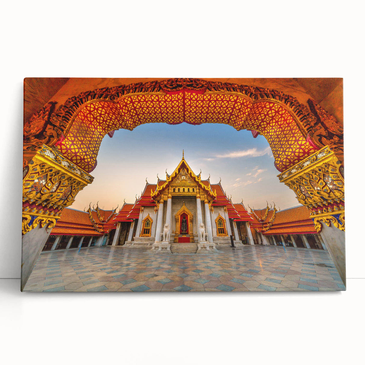Large black and white stretched canvas depicting a serene Thai landscape, ideal for kitchen wall art or bedroom ambiance.