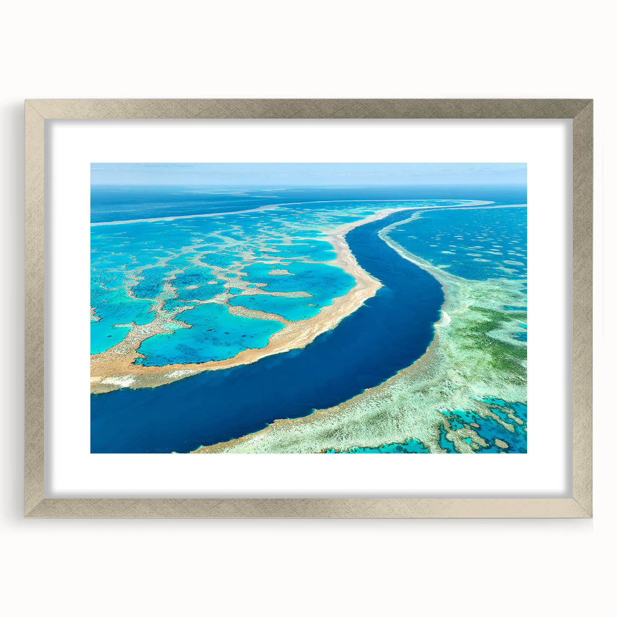 Abstract art print of Brisbane skyline in muted gray and blue tones on a framed silver canvas.