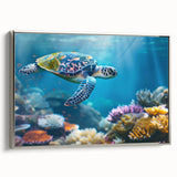 Vintage poster art of the Great Barrier Reef on a framed canvas, featuring vibrant marine colors.