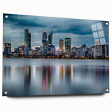 Acrylic print of a large abstract depiction of Perth, Australia in vivid blue and green tones.