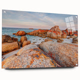 Large abstract wall art of Tasmania scenery on acrylic glass, with cool blue and green tones.
