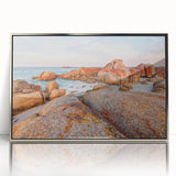 Large art print of a Tasmanian landscape in silver framed acrylic, featuring mid-century modernist style.