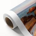 Art deco poster of Tasmania scenery in soft pastel colors on rolled canvas, ideal for nursery wall art.