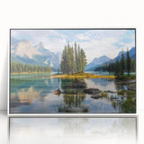 Acrylic print of a serene Alberta, Canada landscape in muted green and blue tones, framed in white.