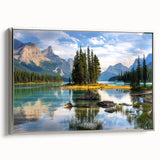 Framed canvas of a vintage-style landscape art painting depicting Alberta, Canada, with vibrant green and blue tones.