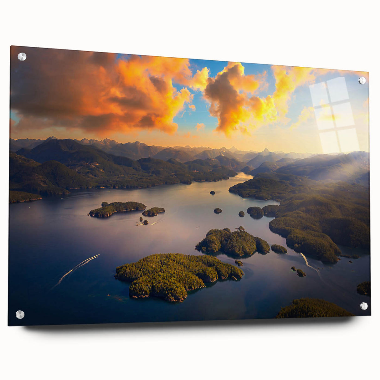 Acrylic print of a British Columbia landscape with lush greenery and mountains, suitable for bedroom or dining room decor.