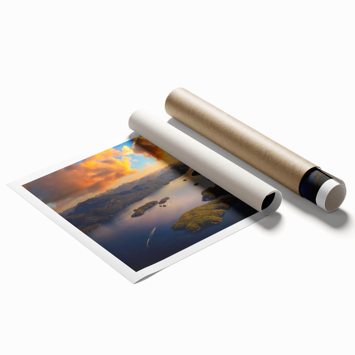 Rolled print of British Columbia scenery with lush greenery and mountains, ideal for classy bathroom wall art.