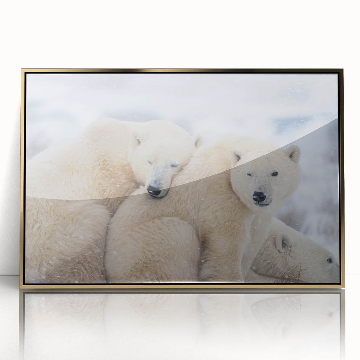 Large art print of a serene Manitoba scenery in mid-century modernist style, framed in gold acrylic.
