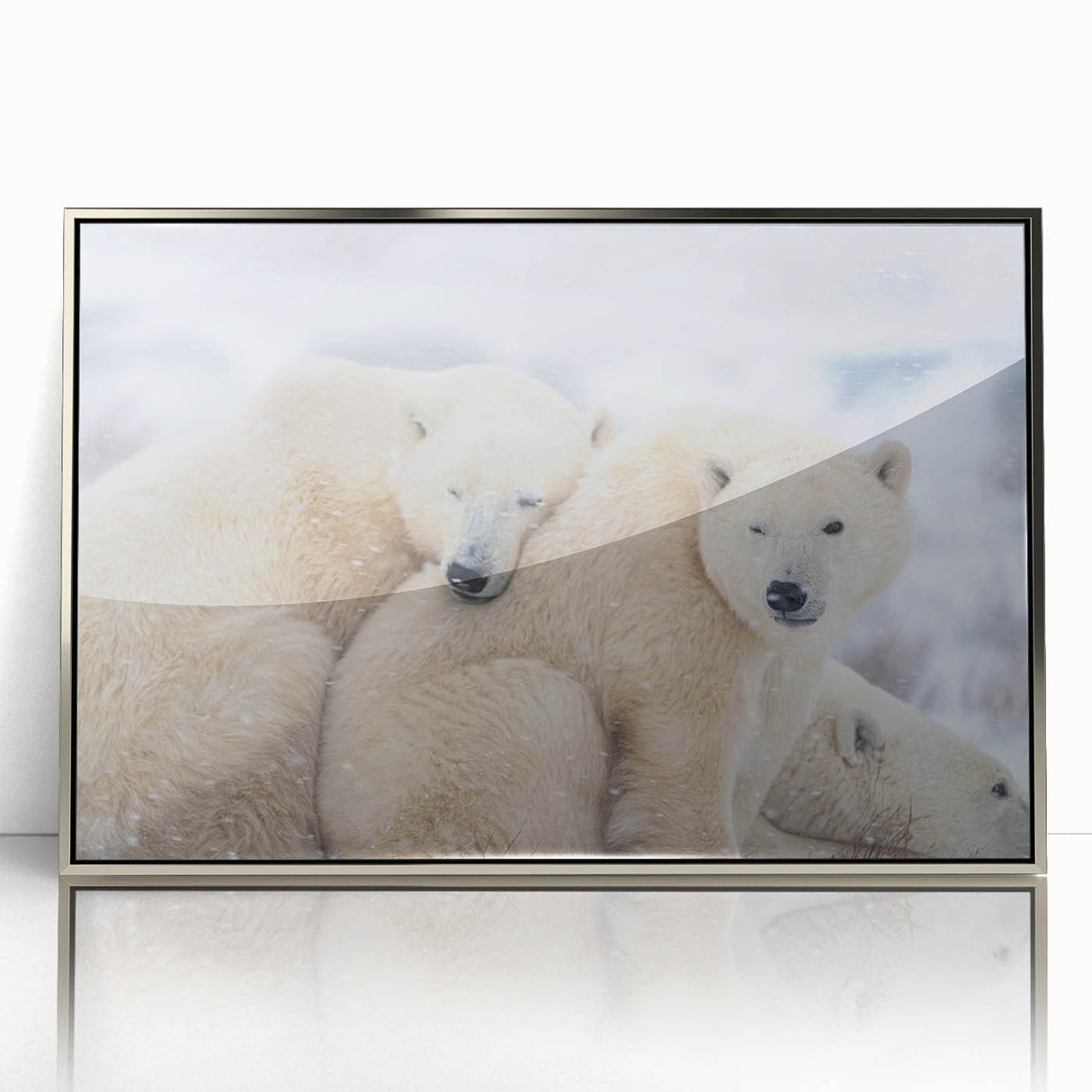 Mid-century modernist art depicting a serene Manitoba scenery in muted earth tones on a silver-framed acrylic print.