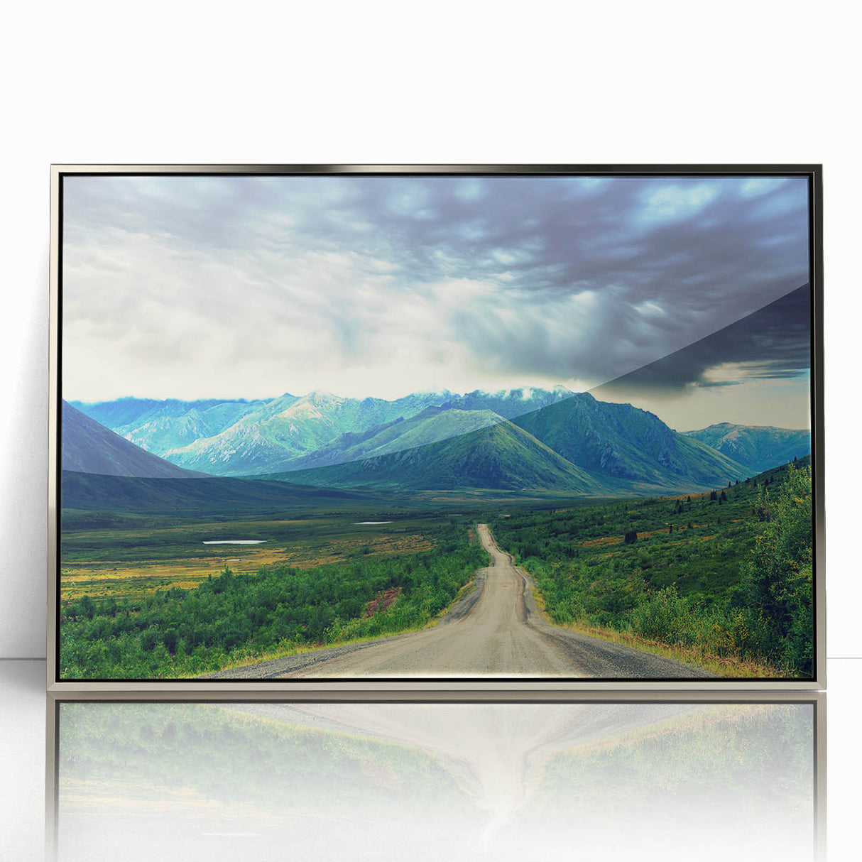 Mid-century modernist art depicting the Northwest Territories scenery in muted earth tones on silver-framed acrylic.