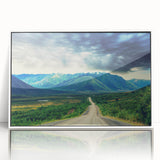 Acrylic print of a serene Northwest Territories landscape in muted earth tones, framed in white.
