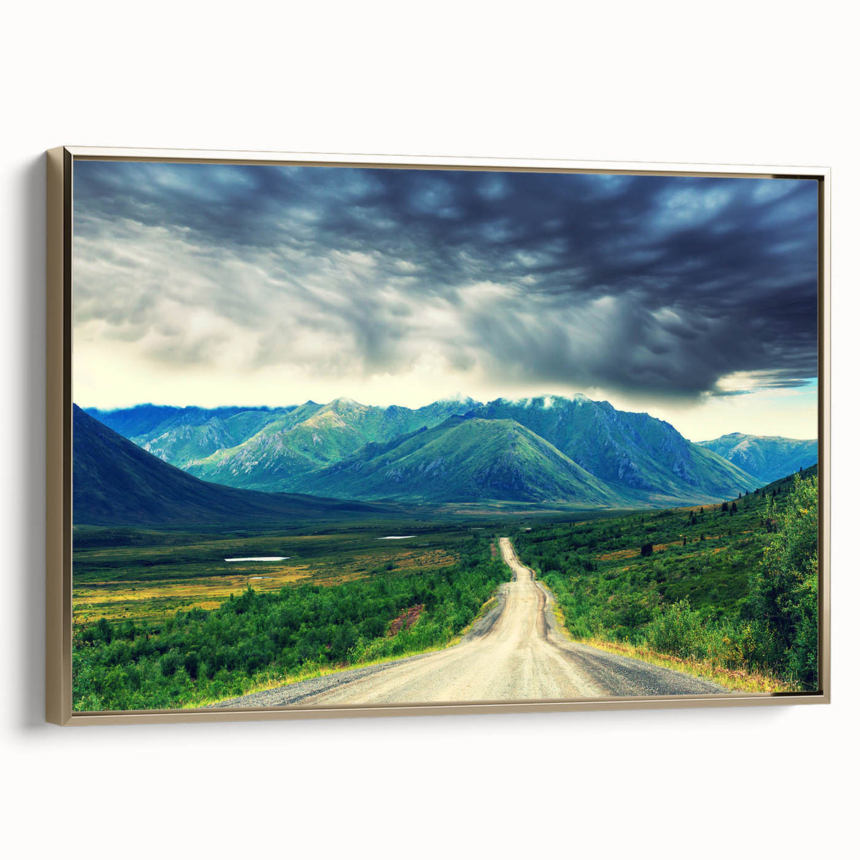 Framed canvas of a vintage-style landscape painting depicting the Northwest Territories, in muted gold and black tones.