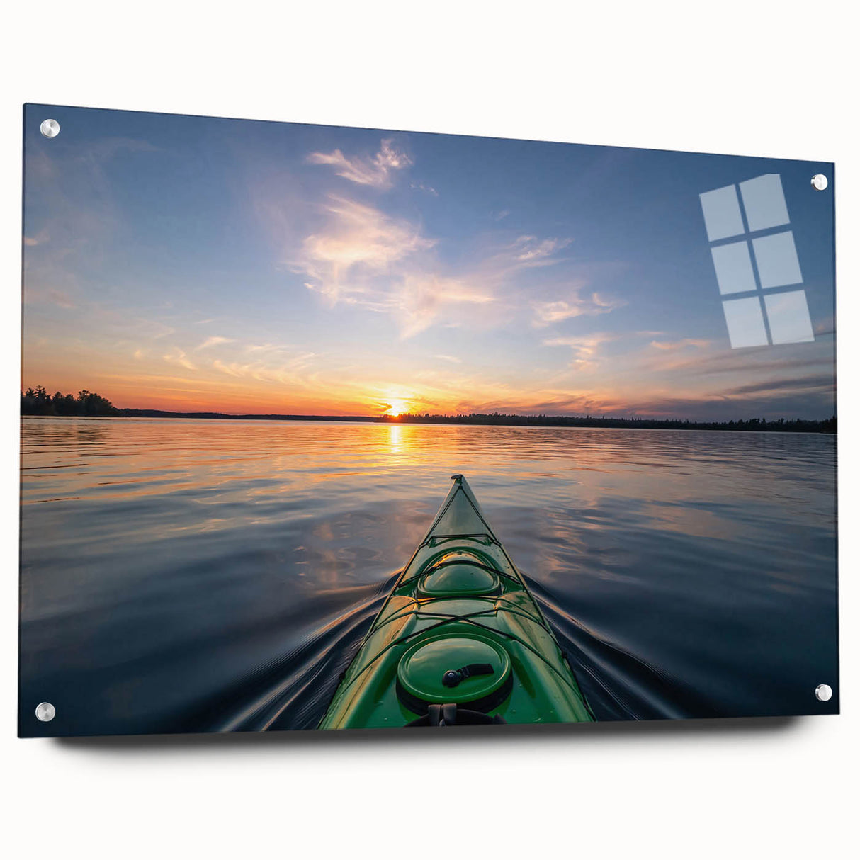 Acrylic glass print of a serene Ontario landscape, featuring soft blue and green tones.