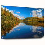 Acrylic print of Quebec scenery with vivid blue and green tones, ideal for dining room decor.
