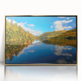 Mid-century modernist style large art print of Quebec scenery in gold framed acrylic, ideal for modern art wall decor.