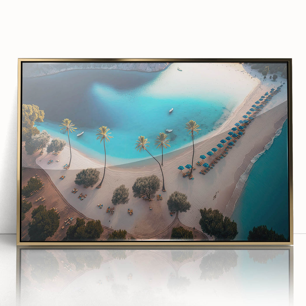 Art Deco style poster of Caribbean Antigua scenery in vibrant blue and green hues, framed in gold acrylic.