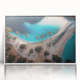 Mid-century modernist art depicting a serene Caribbean scenery on a framed acrylic, with cool blue and green tones.