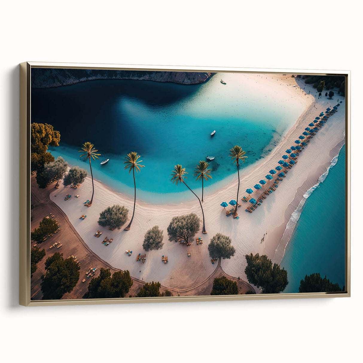 Framed canvas featuring a vintage-style landscape painting of the Caribbean in muted gold and black tones.