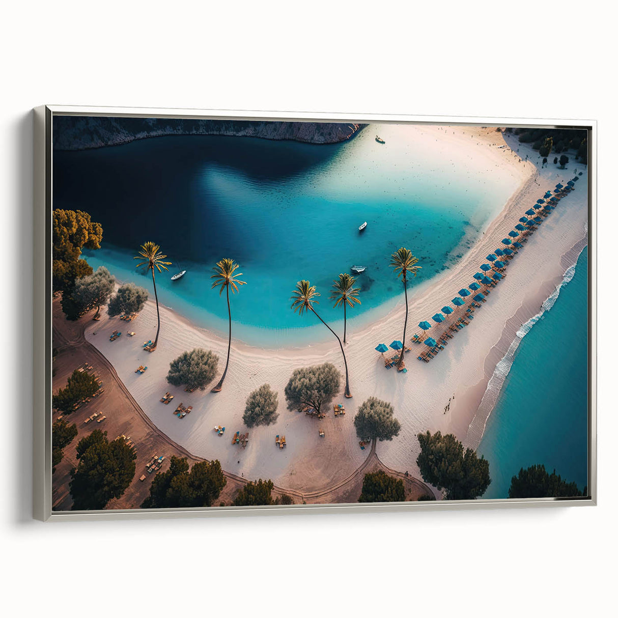 Framed canvas depicting a vintage Caribbean landscape in vibrant colors, ideal for enhancing a living room's decor.