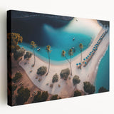 Panoramic view of Antigua’s coastline on a large stretched canvas, featuring vibrant blue and green tones.
