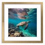 Abstract art print of a Caribbean scenery in Aruba with muted blue and green tones, framed with a gold mat.