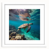 Textured abstract art print depicting a serene Caribbean scene in muted blue and white tones, framed with a white mat.