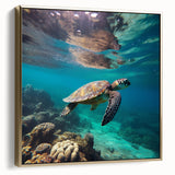 Vintage poster art of a Caribbean Aruba scenery on a framed canvas, featuring silver and gold tones.