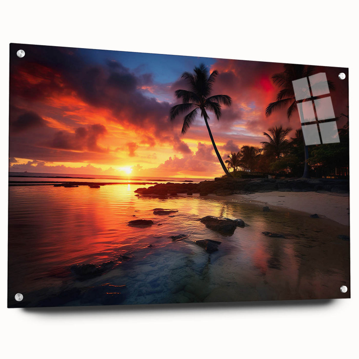 Acrylic print of a Caribbean scenery with vivid blue ocean and sky, ideal for dining room decor.