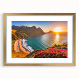 Abstract art print of a Caribbean scenery in muted blue and green tones, framed in gold, ideal for dining room decor.