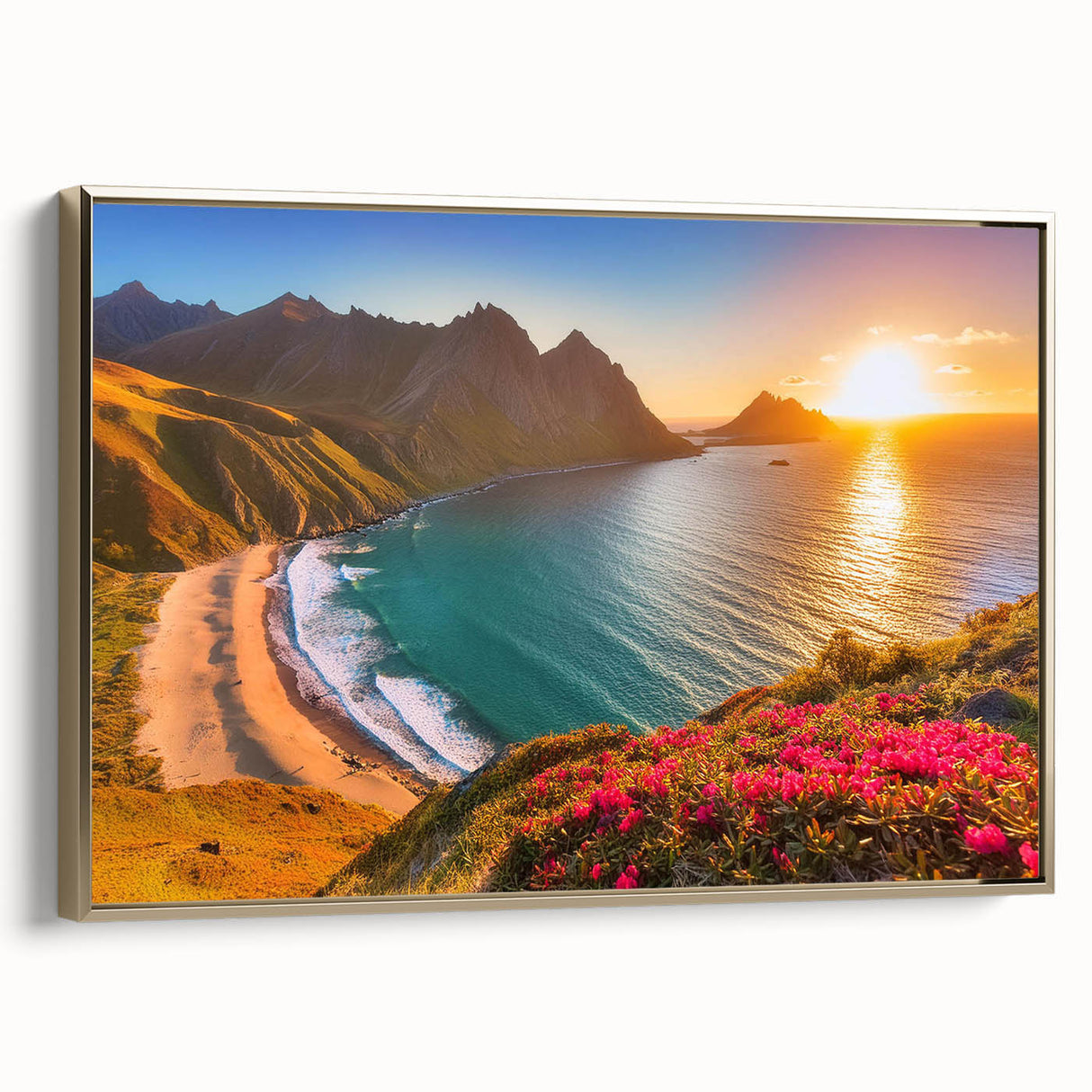 Framed canvas depicting a vintage-style Barbados landscape in black and gold, ideal for bedroom wall art.