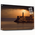 Large abstract wall art depicting Caribbean scenery on acrylic glass, with vibrant blue and green tones.